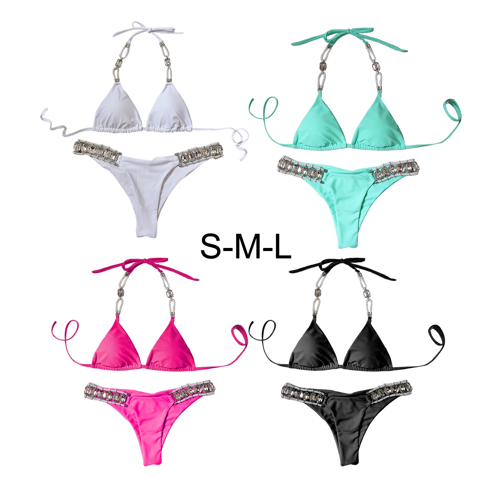 

Sexy Women's Bikini Set Rhinestone Swimsuit Halter Push-up Bra Swimwear