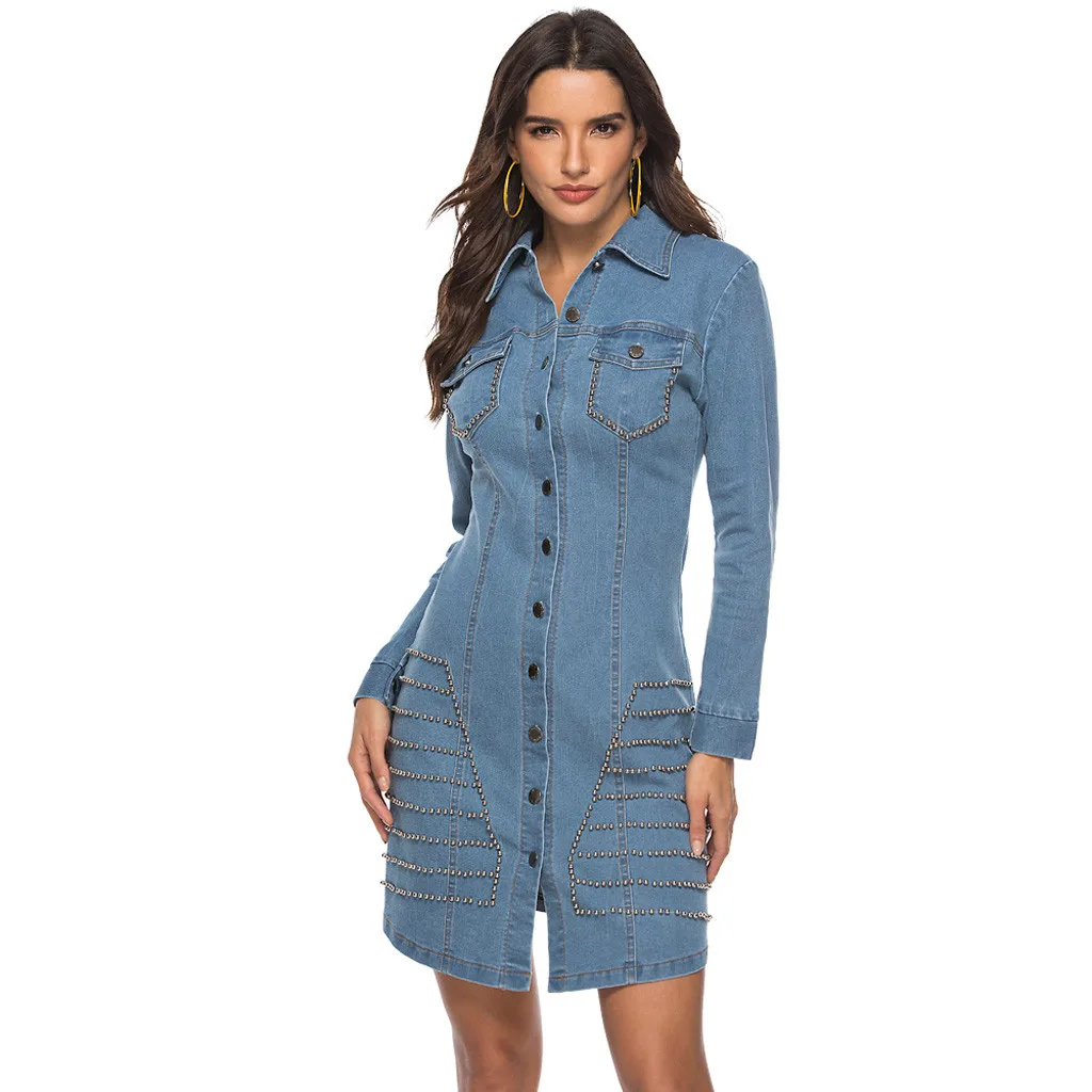 Женское мини джинсовое платье повседневное с длинным рукавом отложным