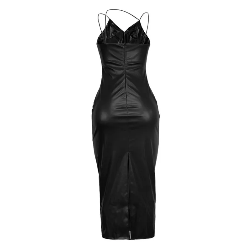 

Women Leather Bodycon Dress Asymmetrical Spaghetti Strap Dress Leather Lingerie for Club Party NYZ Shop