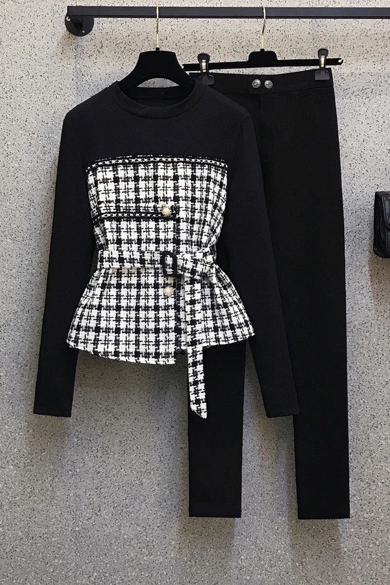 

Design Office Lady 2 Piece Set Women Contrast Hoodies+pants Splicing Pullover Plaid Two Piece Outfits Korean Conjunto Feminino