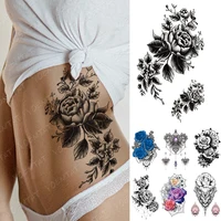 Waterproof Temporary Tattoo Sticker Flower Peony Rose Sketches Flash Tattoos Black Henna Body Art Arm Fake Tatoo Women Men 1