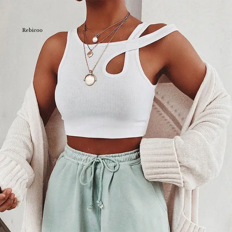 

Топ женский спортивный в рубчик, белый бандажный кроп-топ без рукавов, модная майка для фитнеса и спорта