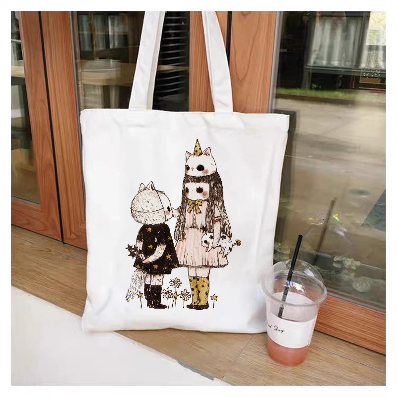 Kpop Women Canvas Bag Shopper Kawaii Printing Female Cotton Cloth Handbag Tote Harajuku Print Reusable Shoulder Bags | Багаж и сумки
