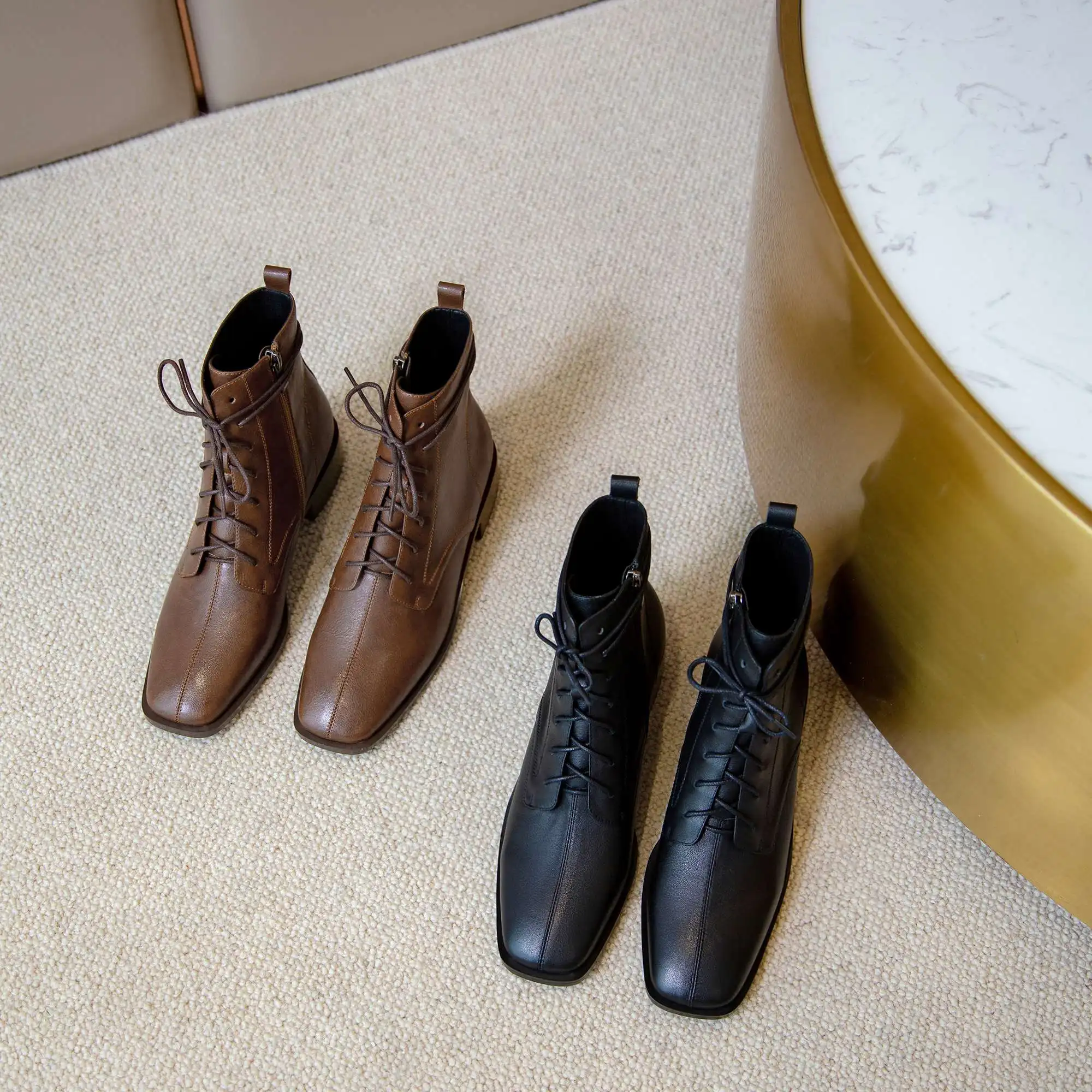 

Vichelo Hot vintage work boots split leather classics square toe thick med heel lace up office lady dress maiden ankle boots L42