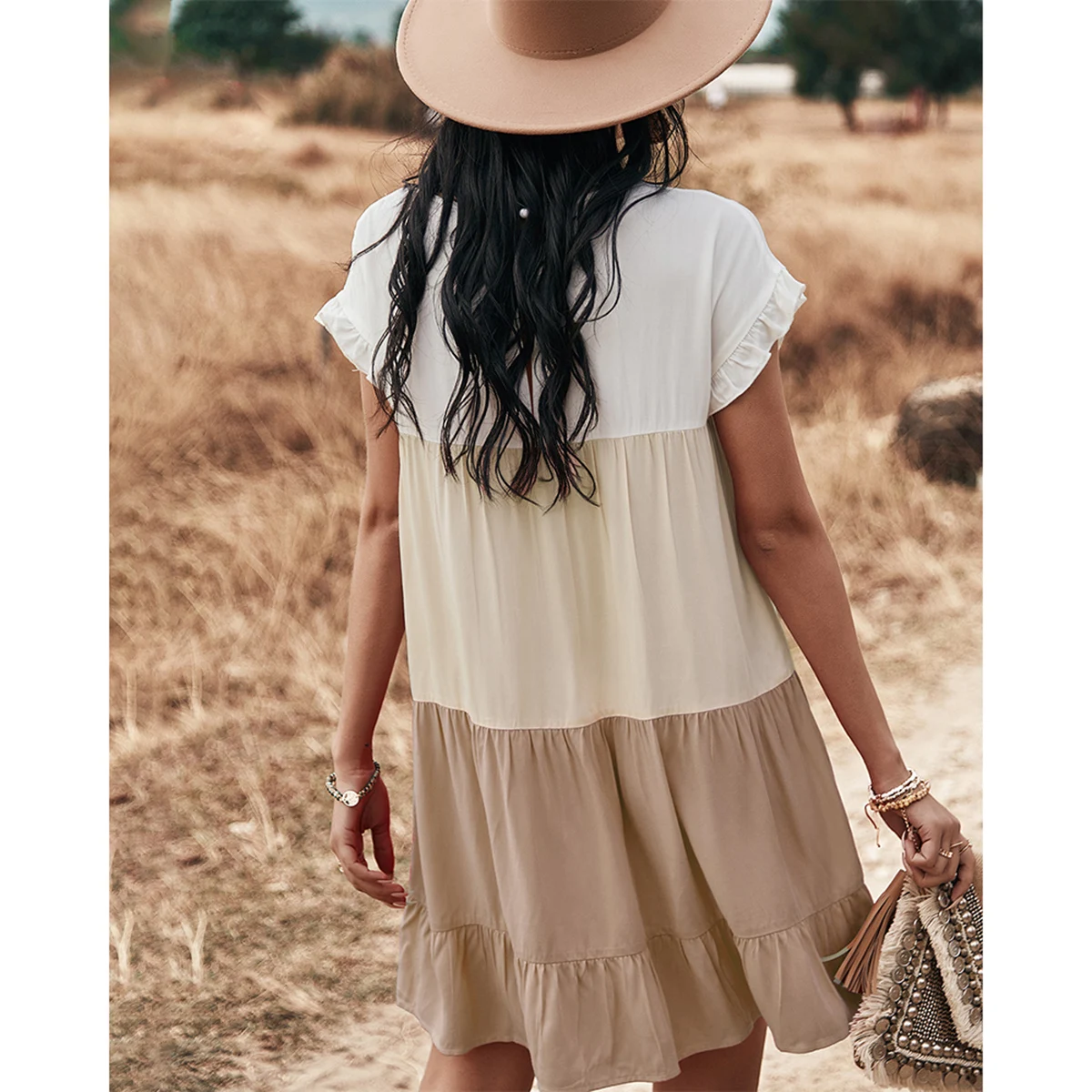 

Jastie 2021 New Women Summer Dresses Patch Color Puff Sleeve Round Neck Ruffle Hem Mini Dress Casual Vintage Female Vestidos