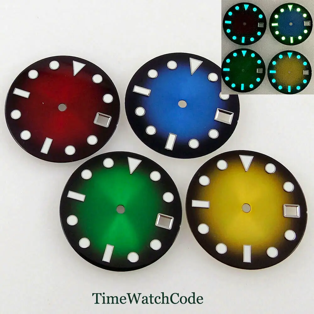 

For NH35/NH35A 28.5mm Sterile Watch Dial Spare Parts For 4.2/3 o'clock Crown Blue/Green/Red/Yellow Faces Luminous Date Window