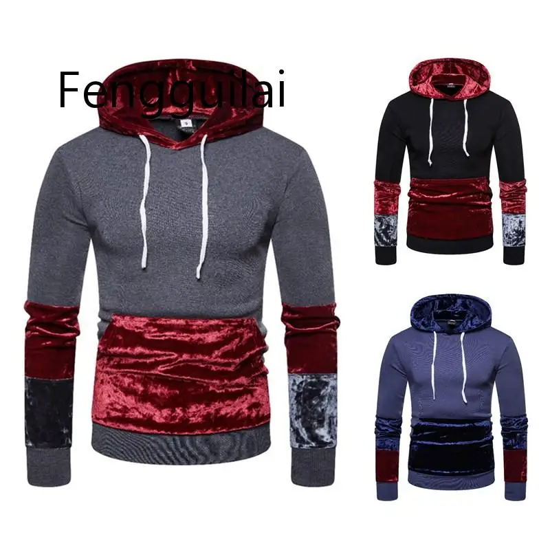 

FENGGUILAI Autumn Winter Fleece Hoodies Men Velvet Stitching Tracksuit Pullovers Mens Long Sleeve Hooded Sweatshirt US Size:S-2X