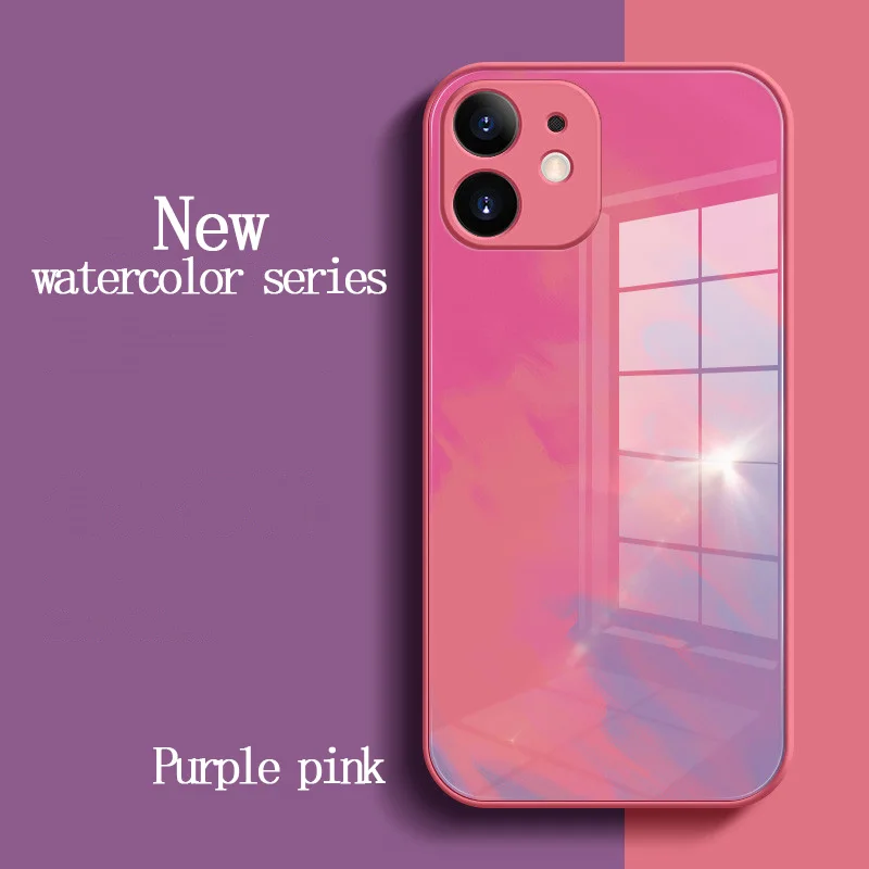 

Liquid Square Tempered Glass Shockproof Case For Iphone 11 12 Pro X XR XS Max 7 8 Plus Mini SE 2020 WaterColor Back cover