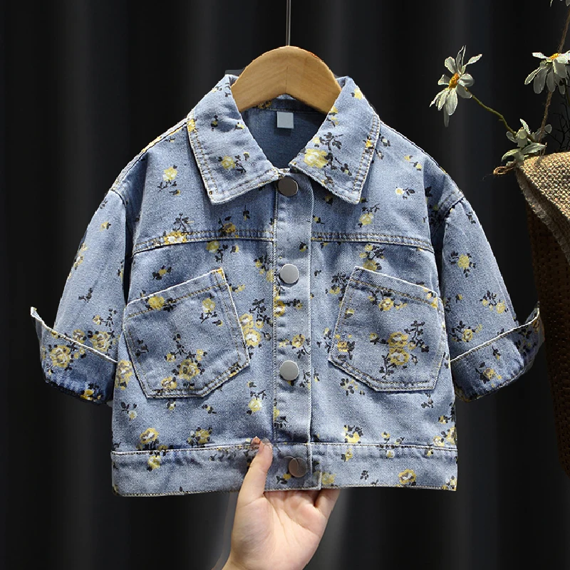 

Одежда для маленьких девочек, демисезонные джинсовые детские пальто для девочек, куртки с длинным рукавом и цветочным рисунком, Одежда для ...