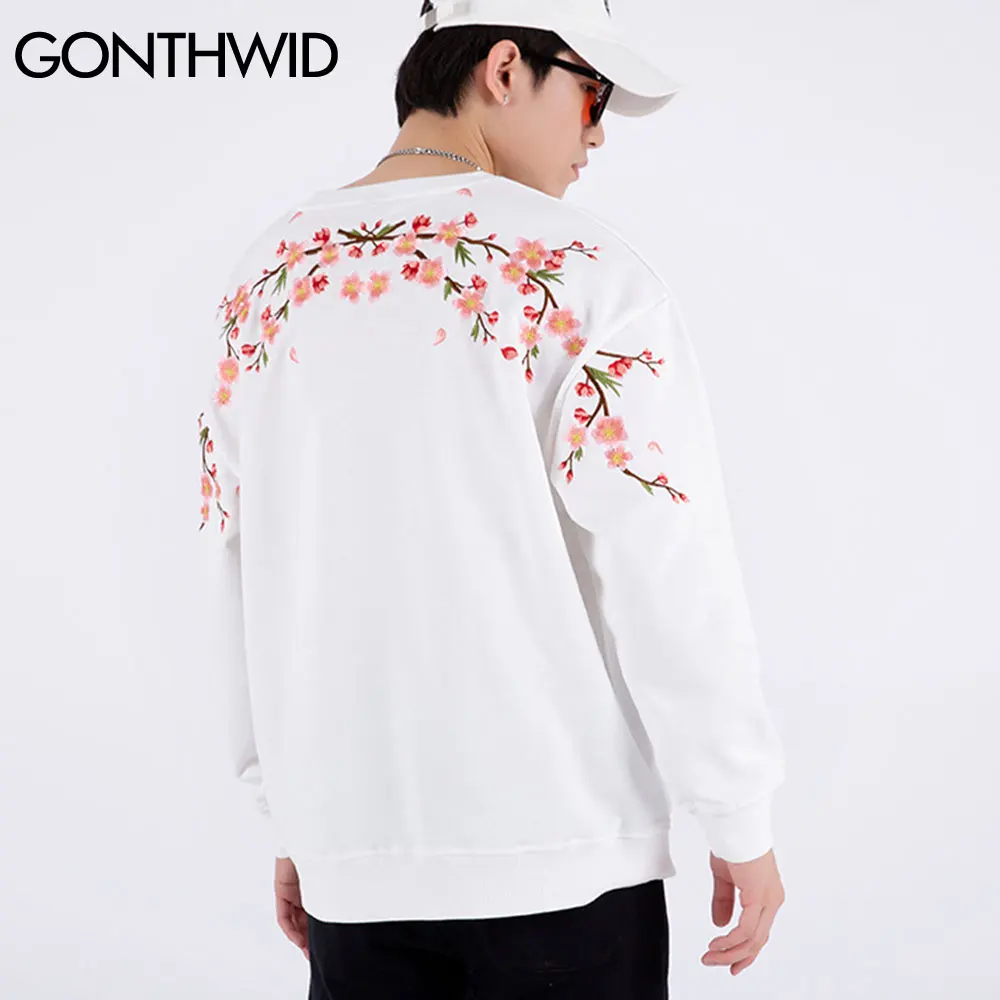 Толстовки GONTHWID в стиле Харадзюку с вышивкой пуловер японским цветком вишни