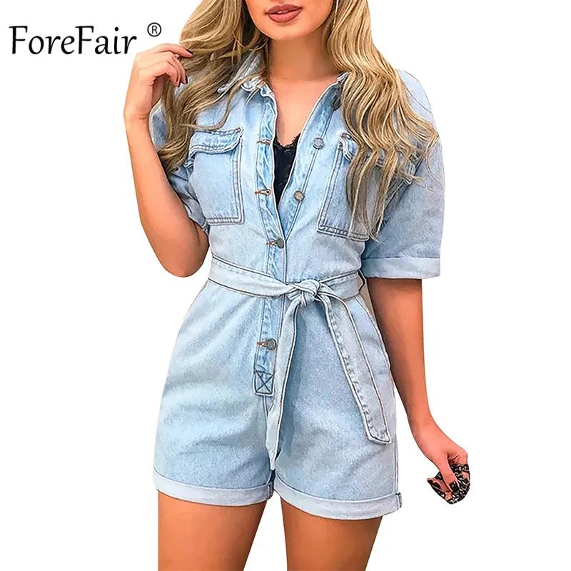 Женский джинсовый комбинезон с высокой талией Forefair повседневный коротким