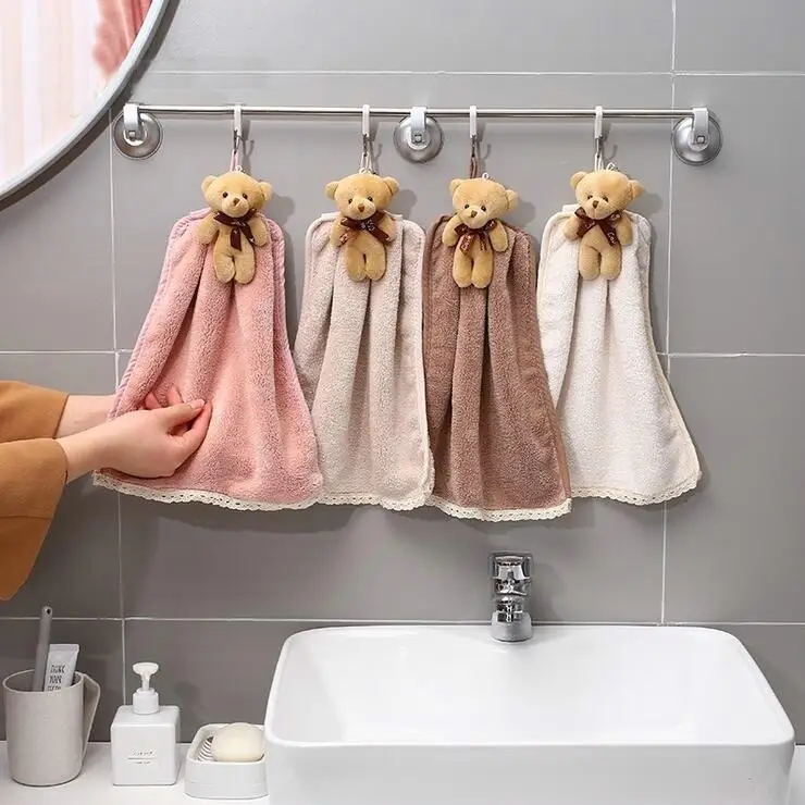 

Quick-Dry Hand Towel Cute Bear Coral Fleece Holdable Kitchen Toilet Towel Absorbent Wipe Plush Hand Towel Bathroom Hanging Towel