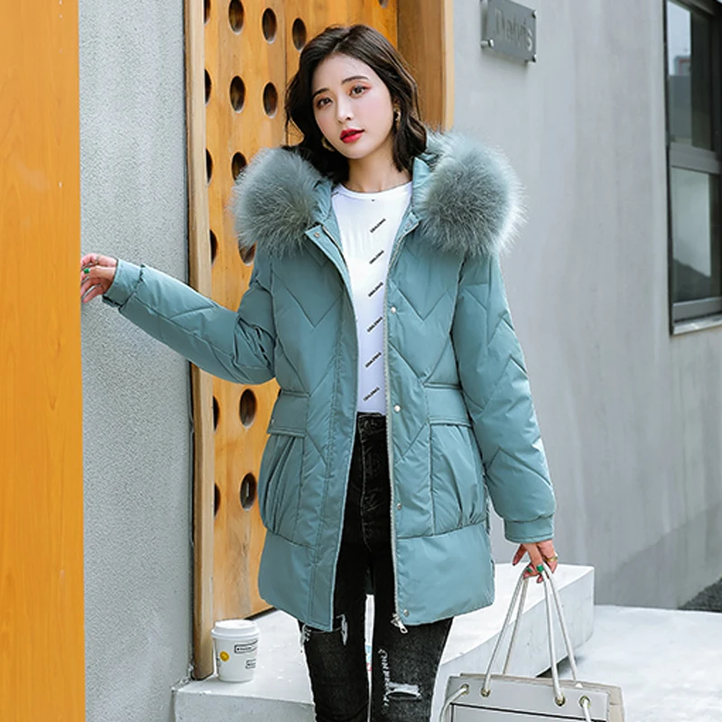 Однотонная зимняя Толстая Повседневная Женская парка с меховым воротником на