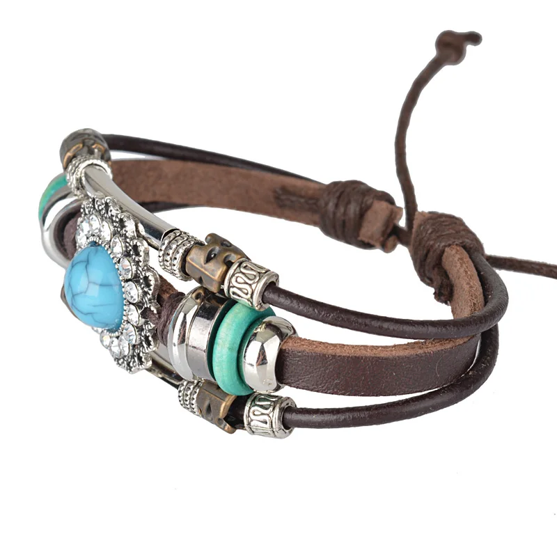 Кожаные браслеты красный бирюзой Многослойные тройной браслет из бисера для
