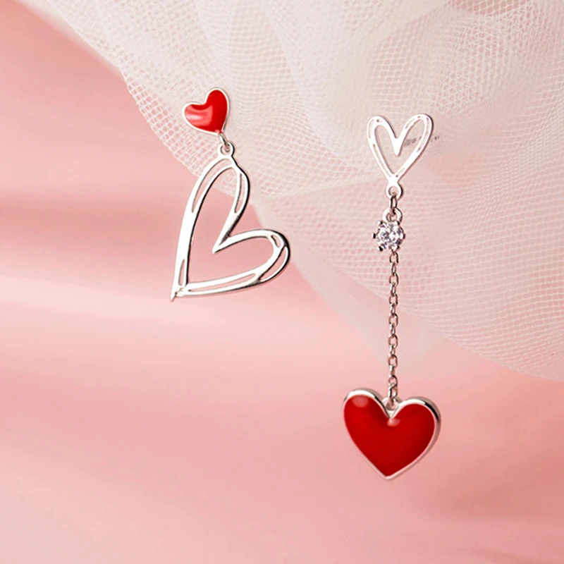 

Fashion Women Jewelry Silver Red Asymmetric Love Earrings Sweet Peach Heart Earrings For Wedding Party