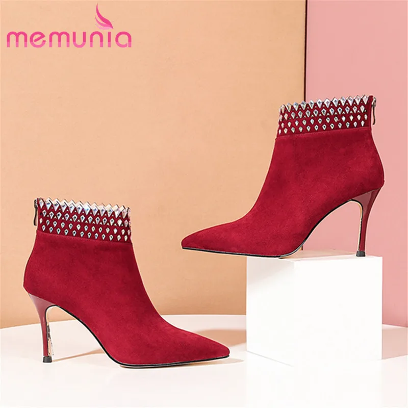 

MEMUNIA 2020 new arrive high heel party wedding shoes women ankle boots suede leather zip crystal autumn winter boots woman