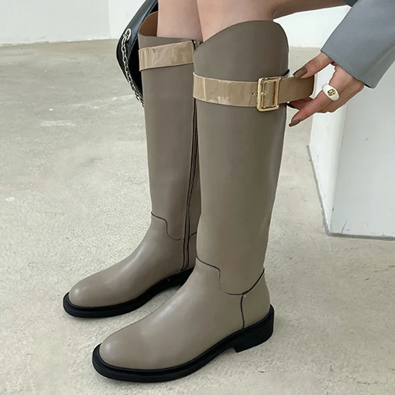 

New Brand Women Buckle Knight High Boots Ladies High Quality Soft PU Leather Long Boot Round Toe Slip on Knee-High Boot Shoes
