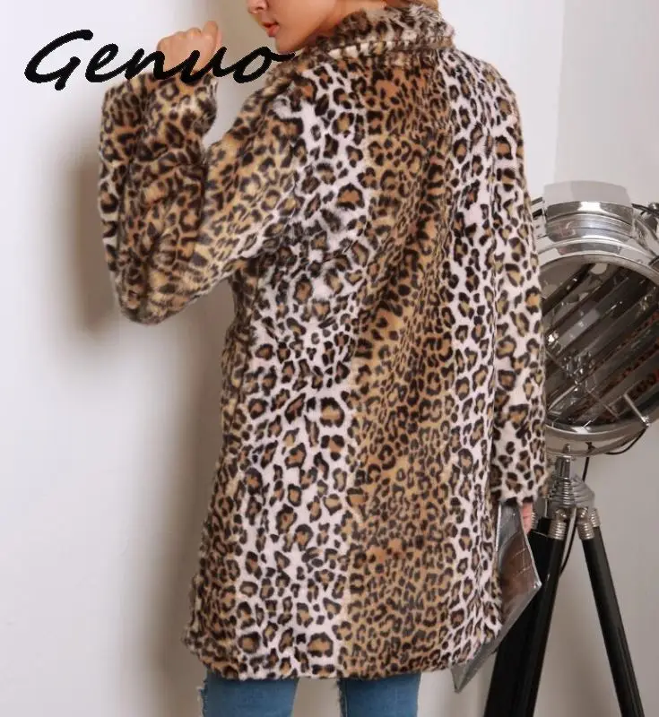 

2019 Leopard Print Fur Coat Women Winter Thicken Long Trench Coat Elegant Female Faux Fur Overcoat Turn Down Collar Fur Jacket