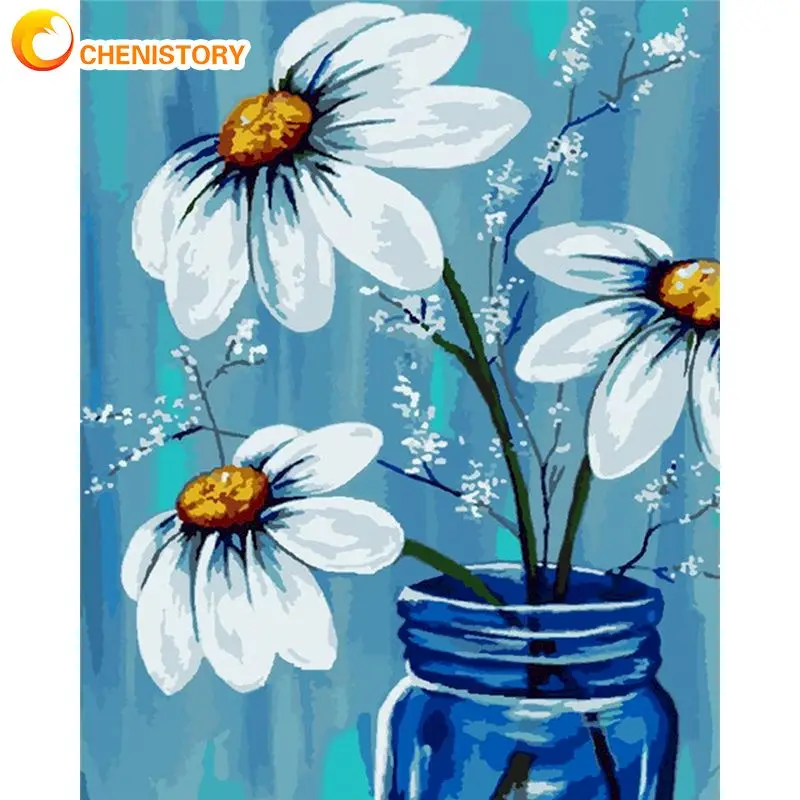 

CHENISTORY Framed Oil Painting By Numbers Kits For Adults Children Blue Flower In Vase Picture By Number Hand Made Home Decor