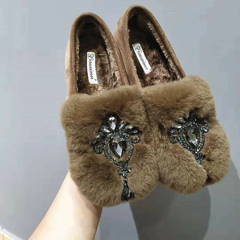 Brand Rhinestone shoes espadrilles comfy real fur flat moccasins women design winter slip on loafers plus size 42 plush creepers | Обувь