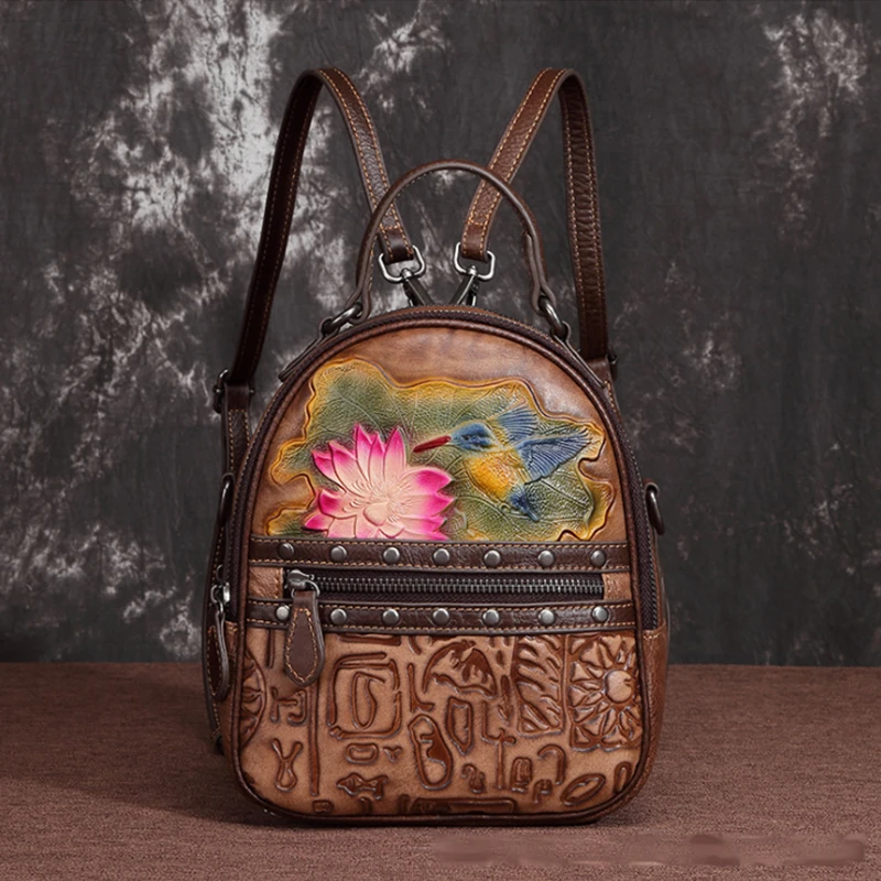 

New Vintage Real Leather Backpack Women Daily Mini Schoolbags Soft Casual Shoulder Bag Girl's Embossed Travel Bags plecak damski
