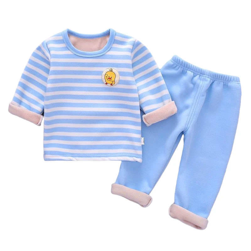 

Kids Sleepwear Suits Cotton Clothes Tops Pants 2Pcs Sets Autumn Winter Stripe Plus Velvet Warm Children's Baby Boy Girl Pajamas