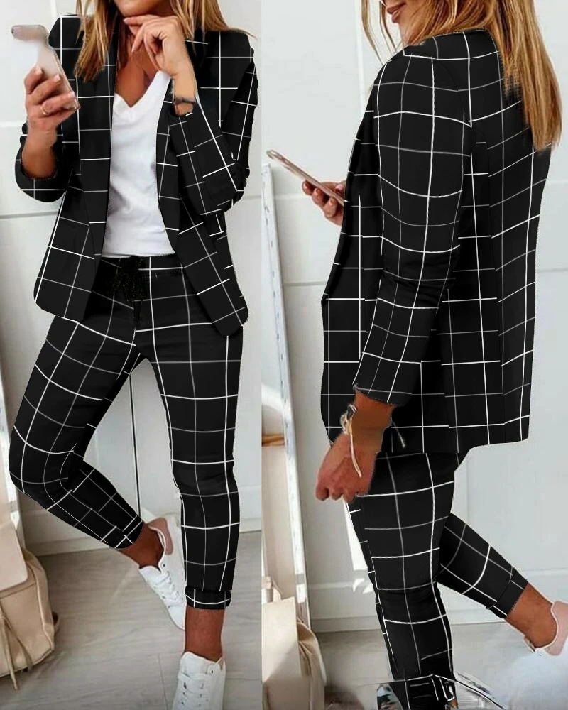 2021 autumn and winter new style women's fashion long sleeve casual checkered commuter suit female jacket and trousers two piece