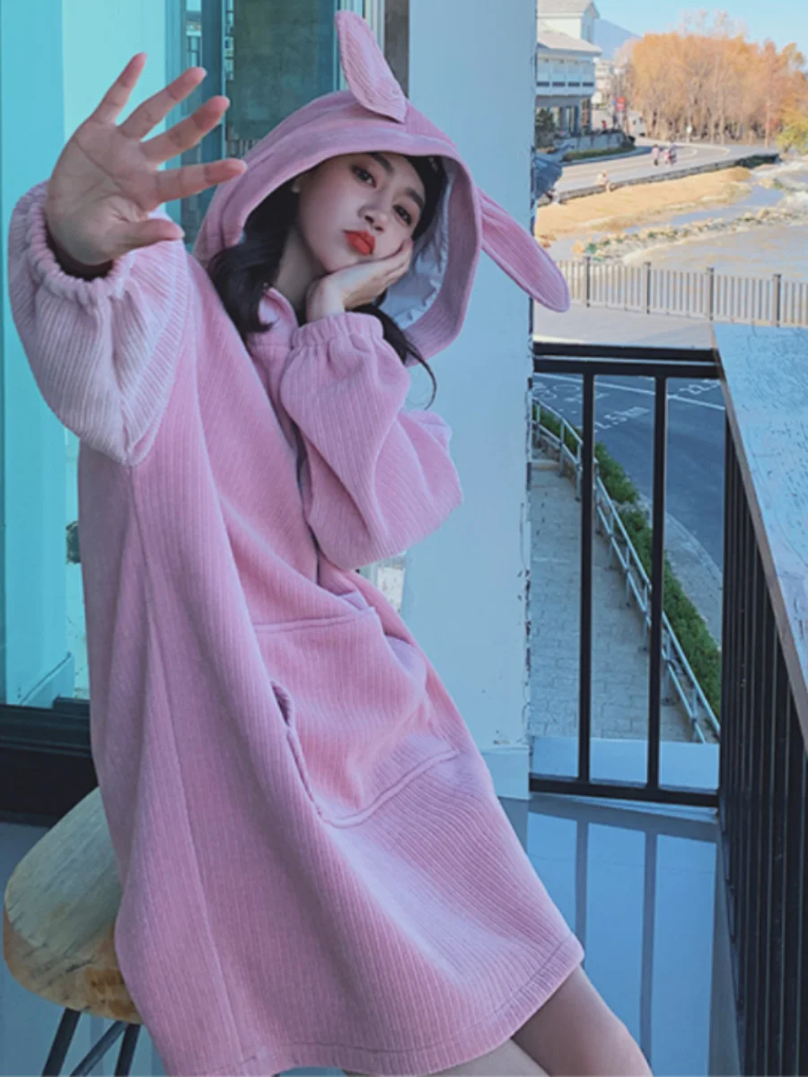 

Female Clothing Chenille Hoodie Halloween Oversized Hoodie Christmas Warm Fleece Maiden Lovely Rabbit's Ears Dress Hoodies Women