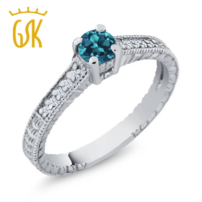 GemStoneKing 0 42 Ct круглый натуральный Лондонский голубой топаз белый Серебро 925 пробы