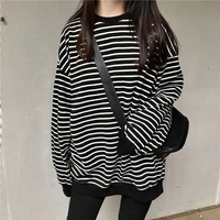 deeptown harajuku crewneck sweatshirt striped sweatshirt black white classic 90s long sleeve tops oversize 2021 fashion korean