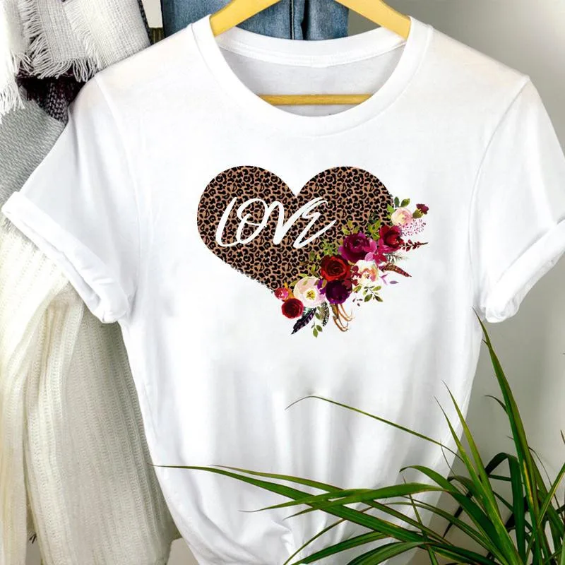 

Leopard Love Flower Pattern Print T-shirt Summer Short-sleeved Watercolor Flower Harajuku Female Clothing Woman Hip-hop Top Tees