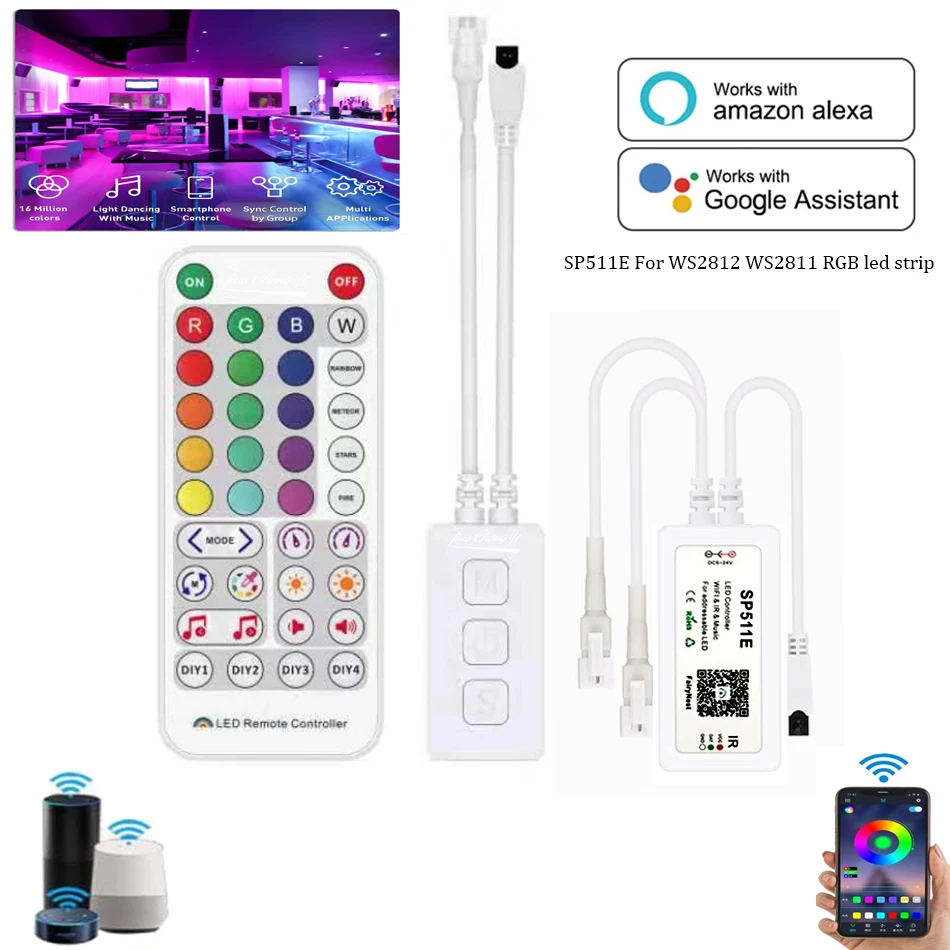 

SP511E WS2812B WiFi Controller with 38 Keys IR Remote Control WS2811 Pixel LED Strip Light APP Music Voice Control Tape Lights