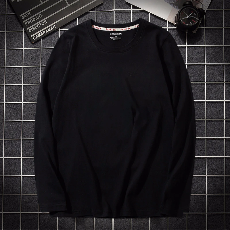 

2019 Autumn Mens 100% Cotton Long Sleeve Slim T-shirt Male Pure color High-Quality casual tee shirt white Plus