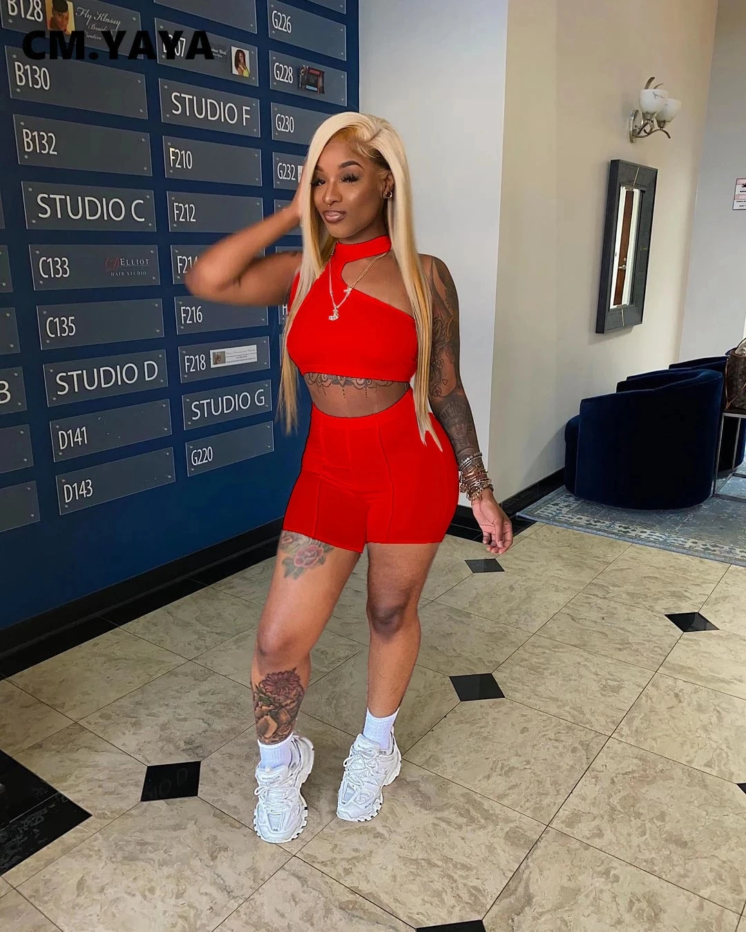 

2021 women's suit solid color sleeveless jacket elastic High Waist Shorts 2-piece fashion sportswear summer leisure suit