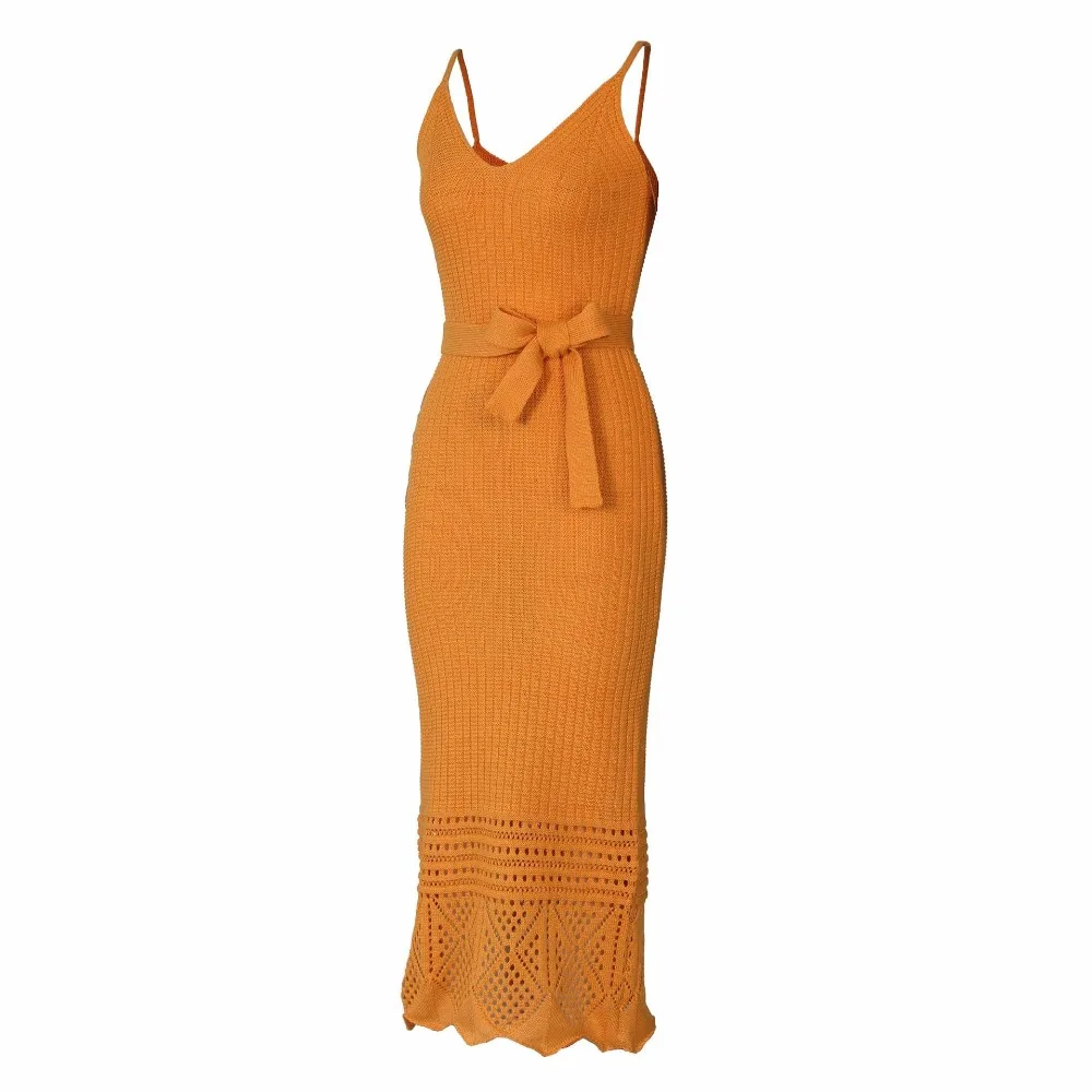 

2020 Women Casual Sexy V Neck Sleeveless Bodycon Midi Dress Bow Sashes Vestido Crochet Knitted Spaghetti Straps Summer Dress