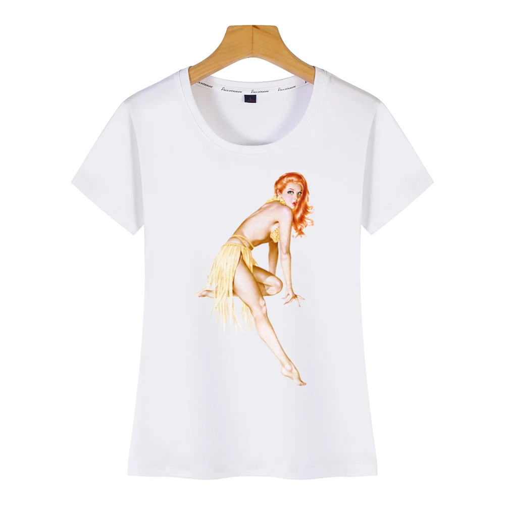 Топы Футболка Для женщин ретро стиле пин-ап для девочек красный темно-бежевый