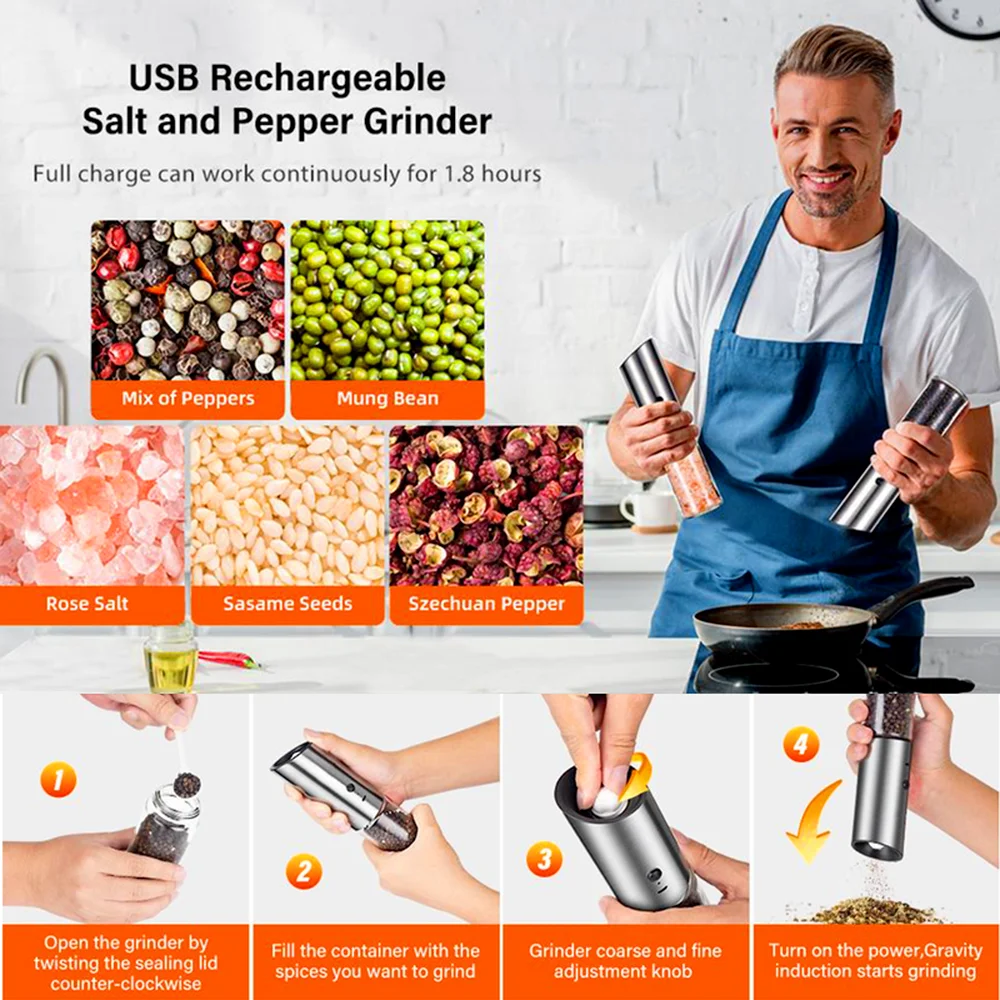 Перезаряжаемая через USB электрическая мельница для перца Гравитационный шейкер