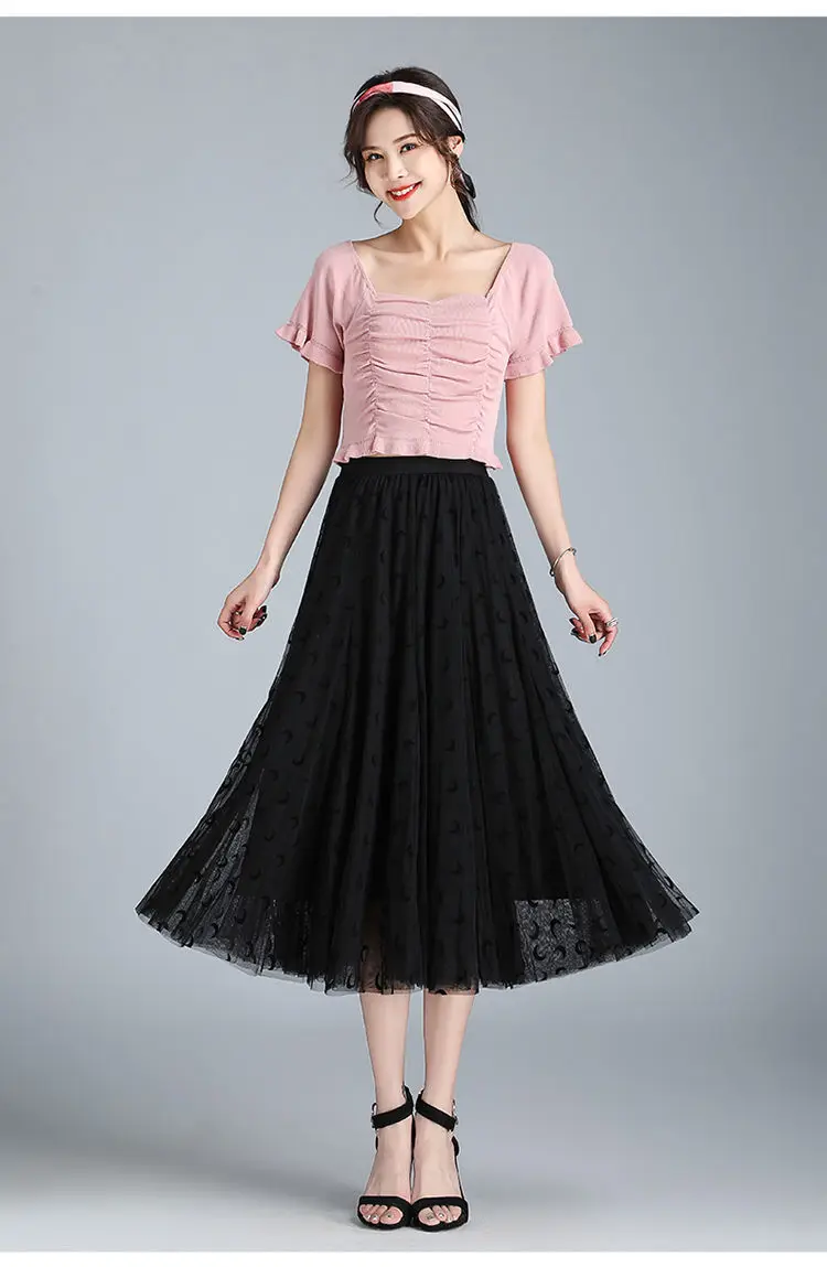 

2021 New Summer Fashion Women Elastic High Waist Casual Tulle Skirts Solid Vintage Pleated Mesh Long A-line Skirts for Lady Z257
