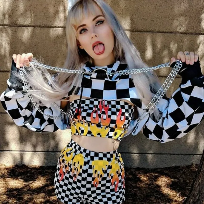 

Пуловер с капюшоном, в черно-белую клетку, с высокой талией