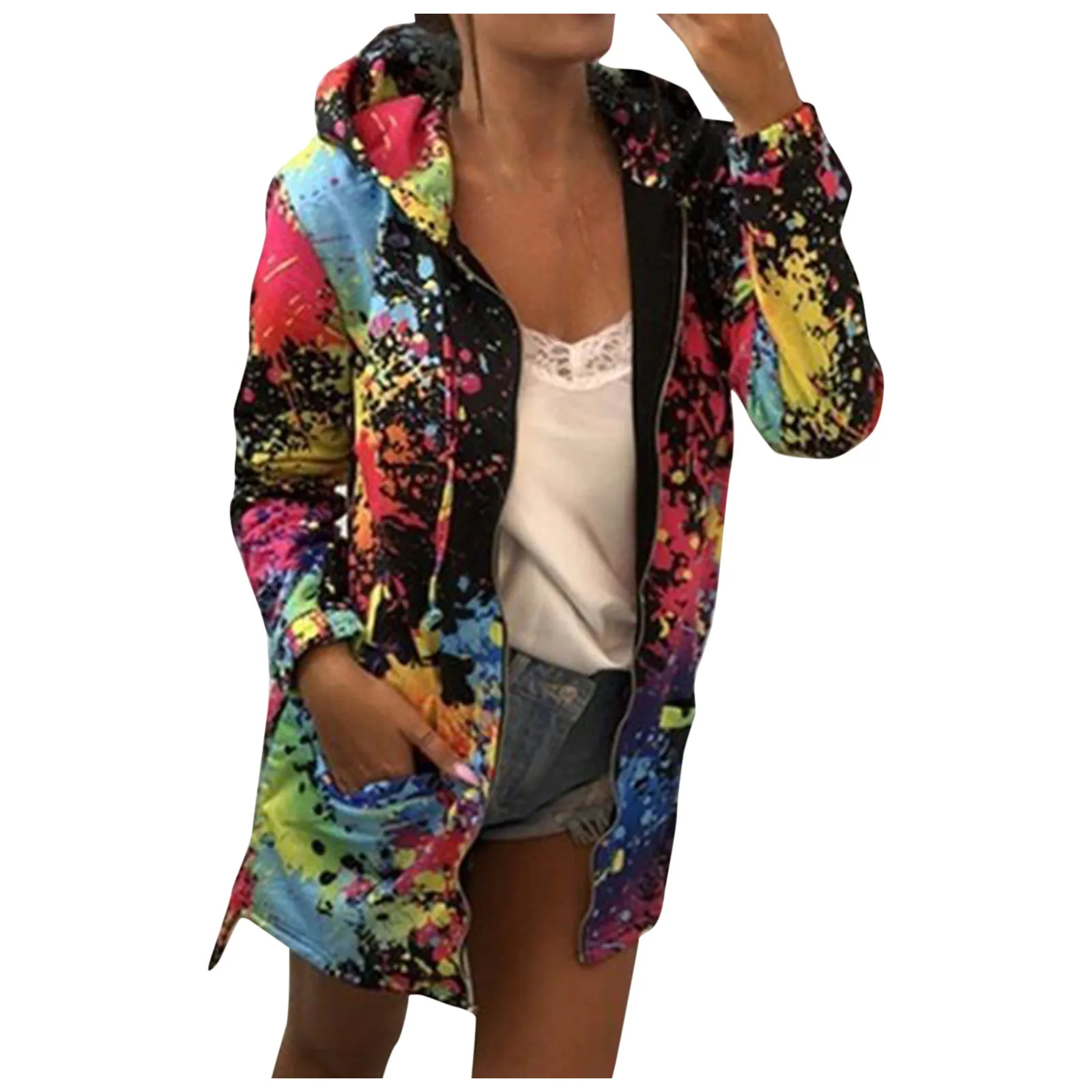 

Женские зимние толстовки с капюшоном, Модные свитшоты с принтом Tie-dye на молнии и шнуровке, модель A40