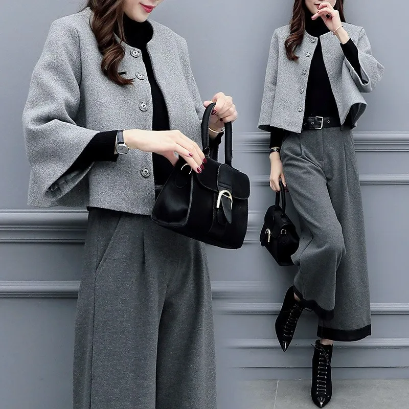 Elegant Ladies Jacket Pants Two-piece 2022 New Winter Casual Woolen Lady Jacket Coat Female Temperament High Waist Pants