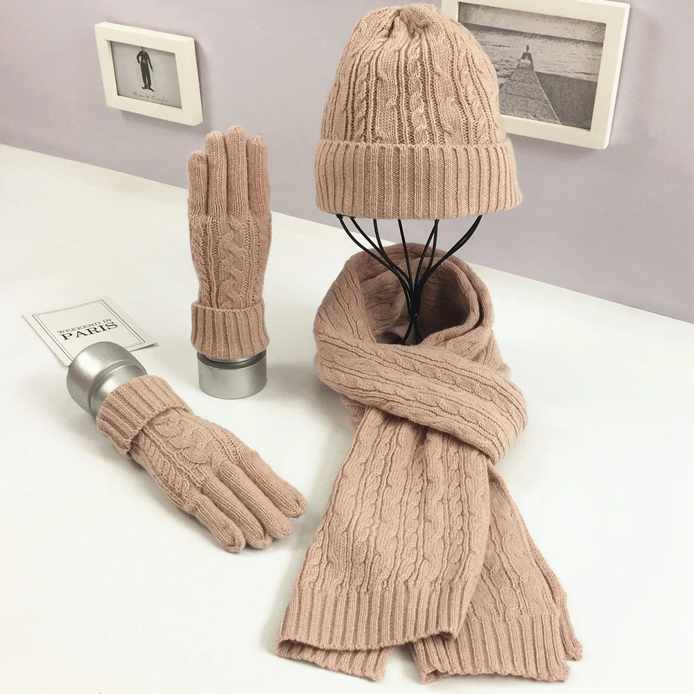 

Women Gift Fashion Soft Outdoor Sports Hat Scarf Gloves Set Thermal Elastic Skiing Casual Warm Winter Windproof Cable Knit Thick