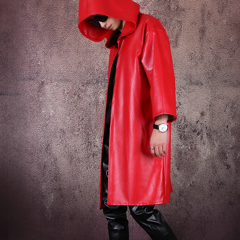 Мужская красная кожаная ветровка с капюшоном искусственная накидка свободная