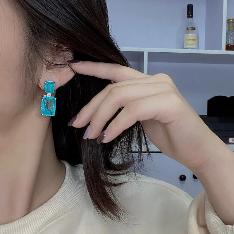 

Jazaz 100% 925 Sterling Silver Paraiba Tourmaline Gemstone Drop Earrings Women Spark Wedding Party Fine Jewelry Wholesale B0874