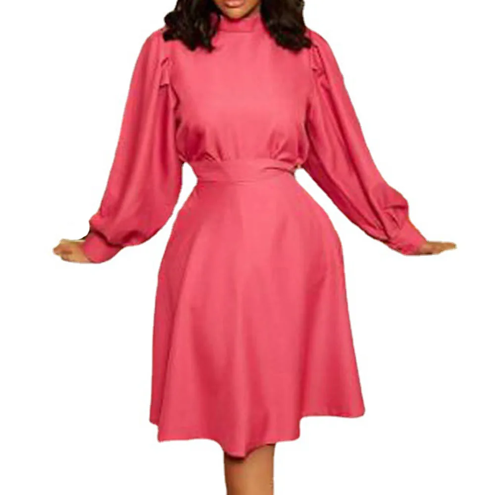 

Office Lady Women Dress Spring Autumn Fashion Temperament Elegant Oversize African Casual High Waist Puff Sleeve Round Neck