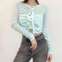 2021fashion trend autumn new womens wear solid color sexy slim fit navel exposed single breasted cardigan tshirt