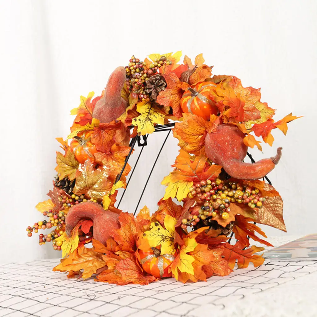 

Fall Harvest Pumpkin Maple Leaves Garland Wreath 45cm Door Decor Halloween