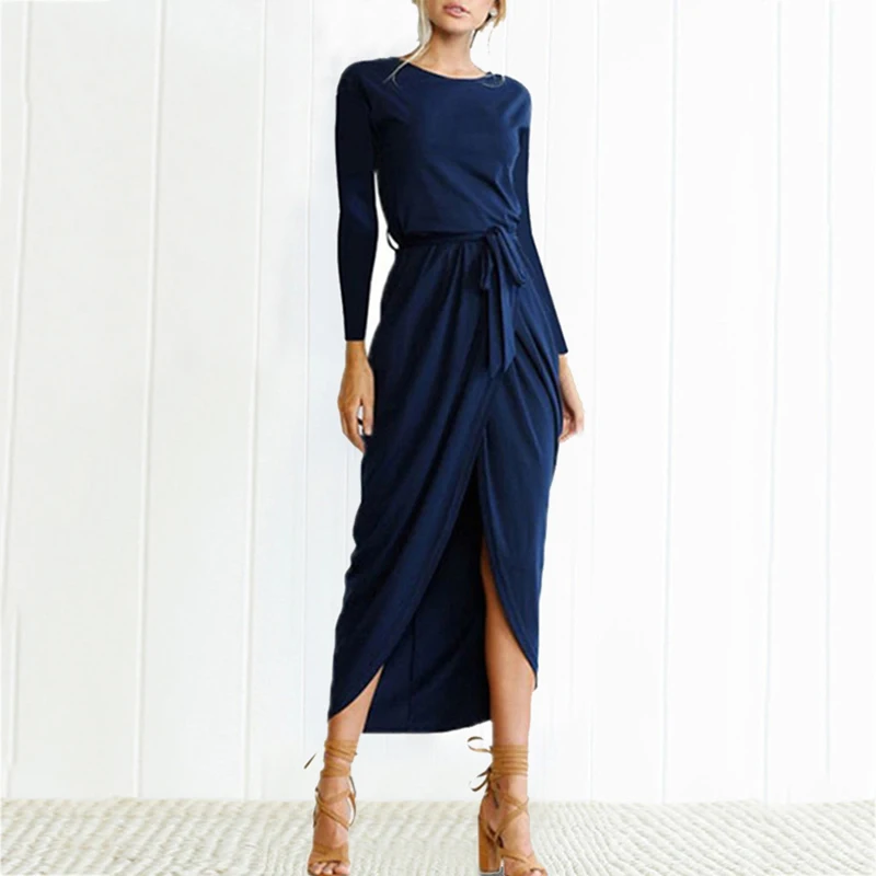 dark blue long Весенне-осеннее женское платье однотонного размера плюс, женское длинное платье с коротким рукавом, необычные летние повседневные платья макси для девушек CLD719 - Цвет: dark blue long