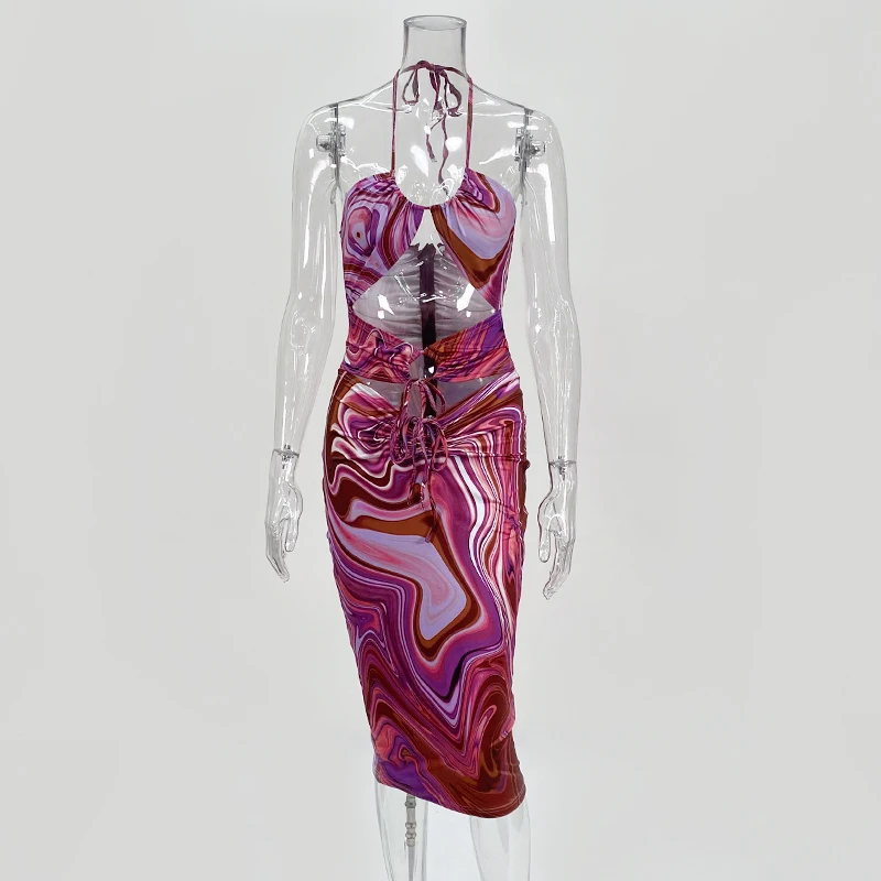 

Fashionsta Purple Sexy Midi Dress Floral Print Elegant Dress Hollow Out Party Club Bodycon Women Summer Dresses Casual Veatidos