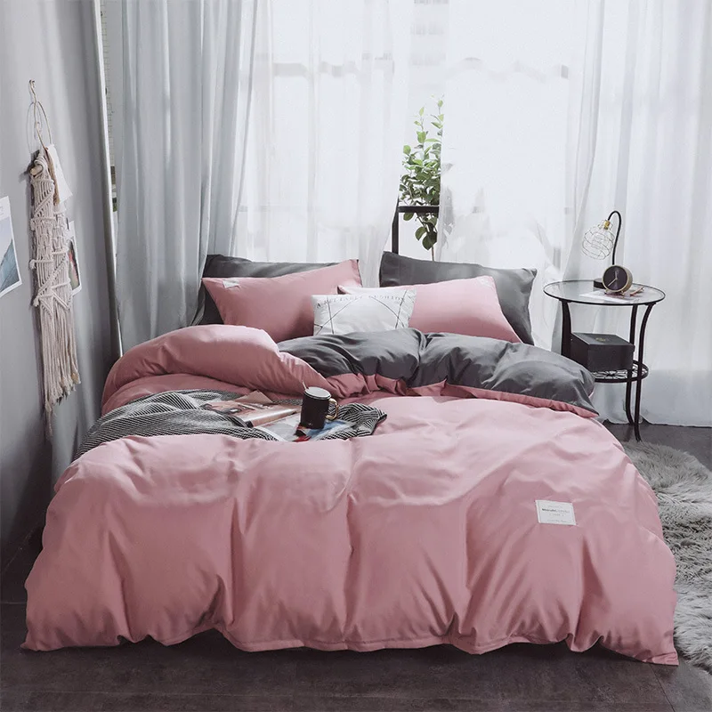 

Pink Girl Bedding Set Gray Bed Flat Sheet Luxury Decor Bedclothes Duvet Cover Set Japan Style Solid Color Bed Linens
